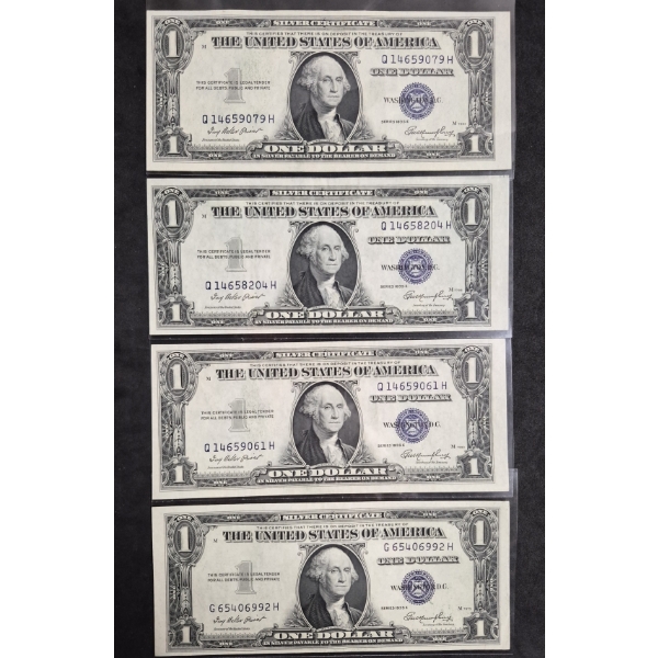 U.S. CURRENCY - RARE Tot 4 - 1935 E  One Dollar ($1) Blue Seal UNCIRCULATED Silver Certificate's