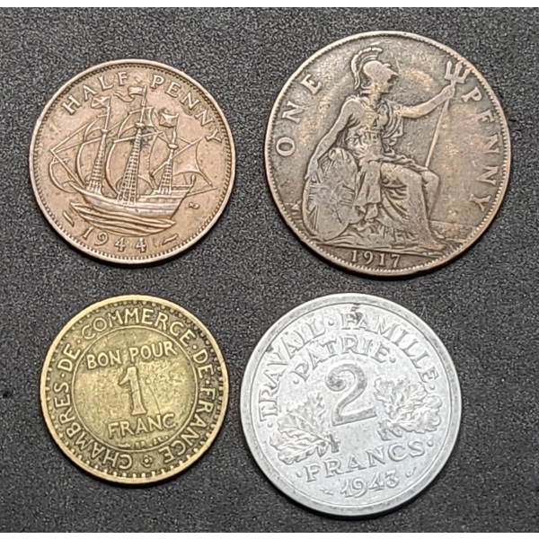 1917 British Penny , 1943 French 2 Francs Coin & French 1 Franc "Chambres De Commerce" Token