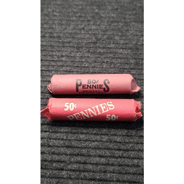 (2) 50 Cent Rolls Of Unsearched & Uncounted Wheat Pennies Face Value: $1.00