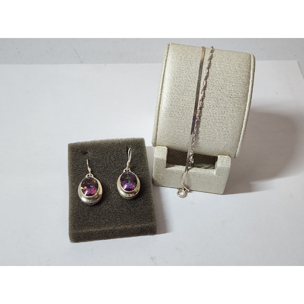 Sterling Silver Purple Iridescent-Style Stones Earrings and Two Bracelets TW: 14.0g