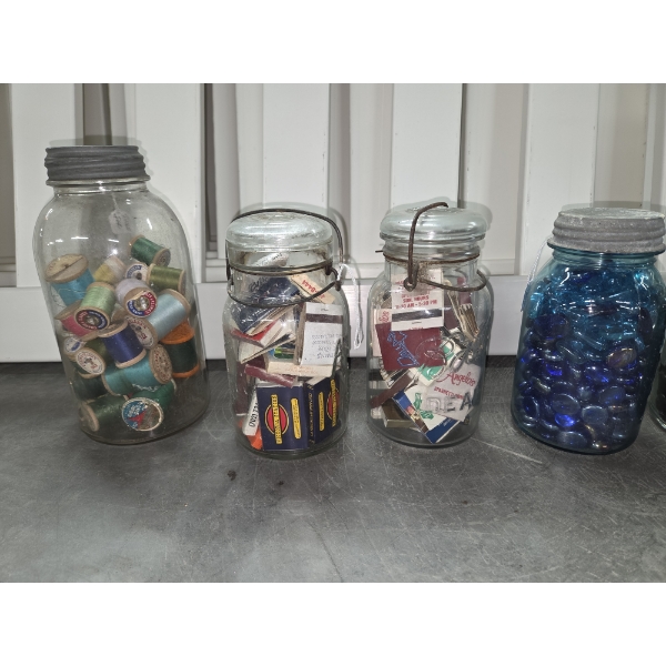 8 Atlas & Ball Vintage Jars With Lids Filled With Collectables