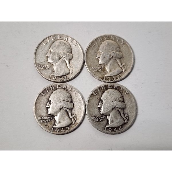 Four Assorted Years 90% Silver Washington Quarters - FV: $1.00