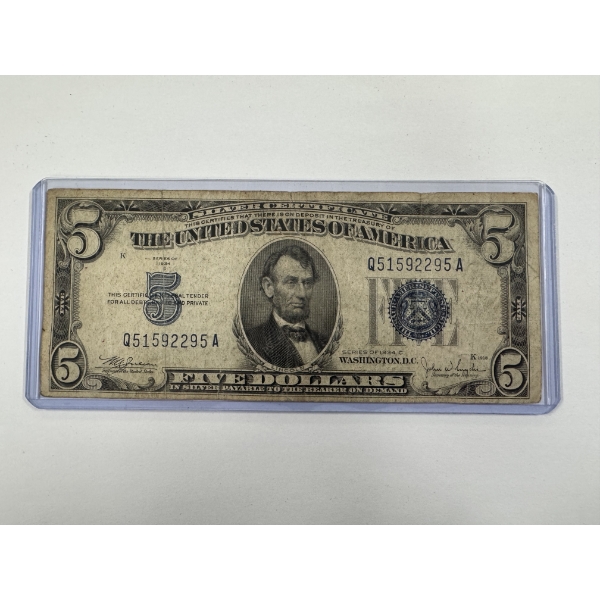 1934 United States Lincoln $5.00 Silver Certificate Note in Protective Holder - Great Piece