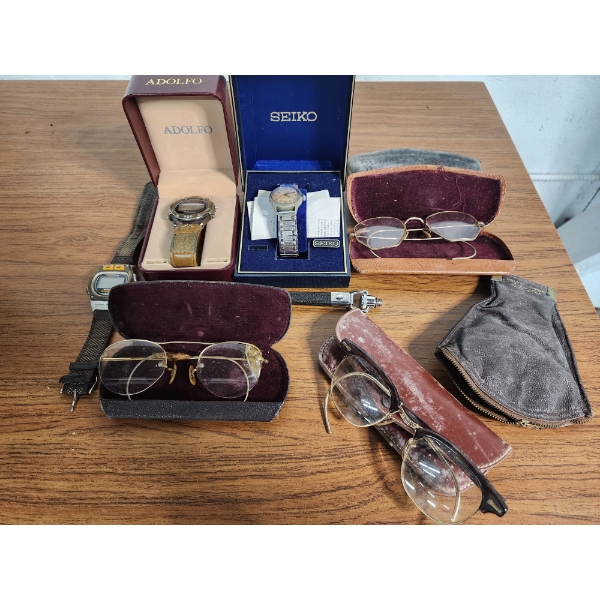 Assorted Vintage Eyeglasses Including Gold-Filled Frames, Watches, Leather Pouch