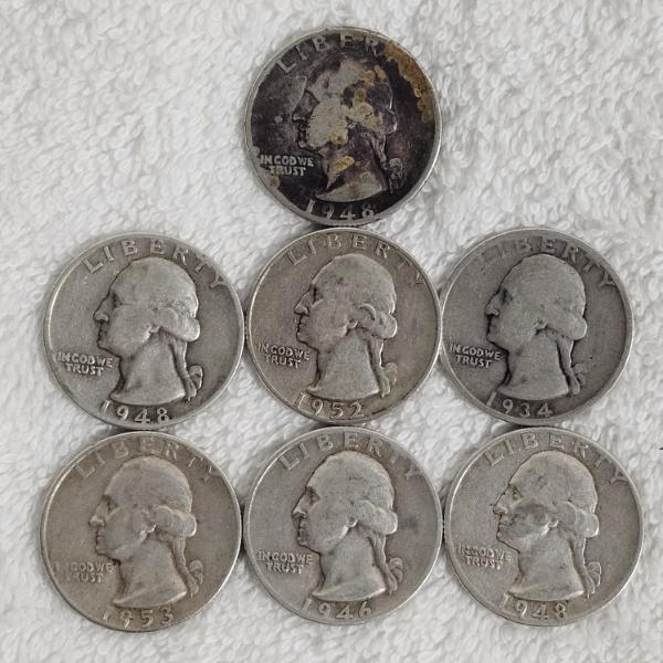 Lot Of 7 Washington Pre-1965 90% Fine Silver Quarter Coins - 1.2656 oz ASW
