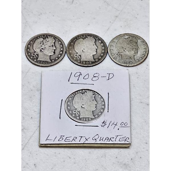 Four 90% Silver U.S. Barber Quarters ~ $1 Face Value