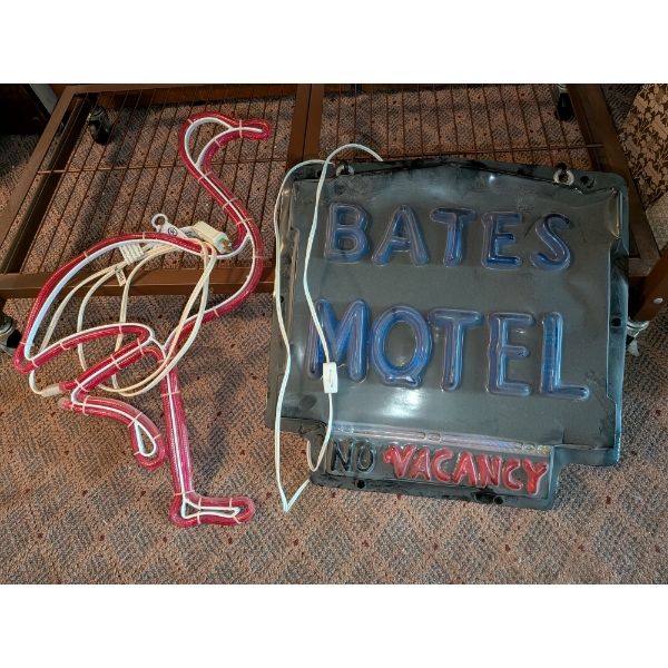 Lighted Bates Motel Sign And Pink Flamingo Neon Like Sign. Work Perfectly