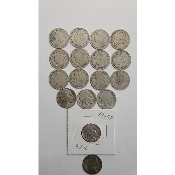 Assorted U.S Nickels - V Nickels, Buffalo Nickels & 1942-P 35% Silver Jefferson Wartime Nickel