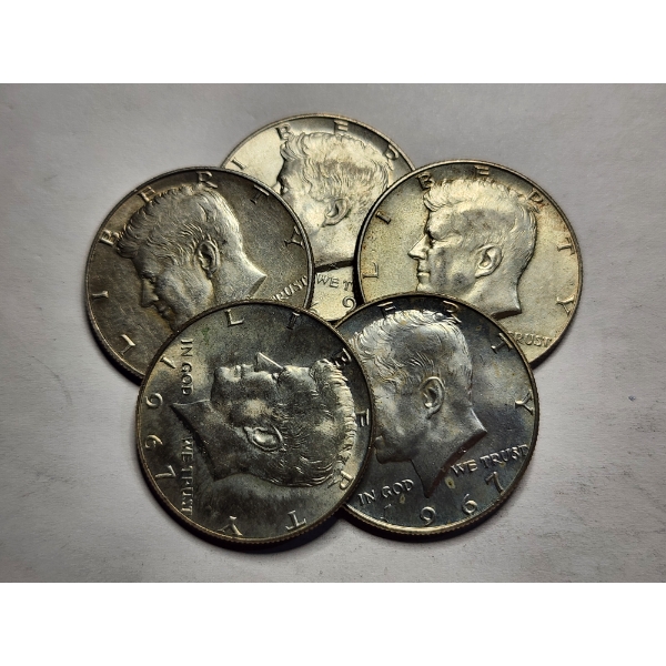 Five 40% Silver Kennedy Half Dollars - $2.50 Face Value