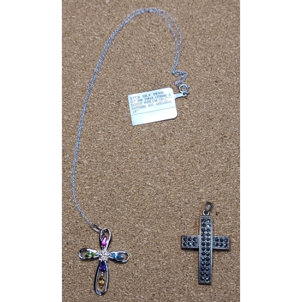 Sterling Silver Cross Necklace With Assorted Genuine Gems & Sterling Cross Pendant With Black Stones