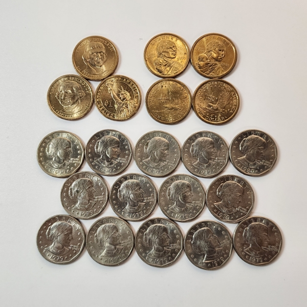 Lot of Assorted U.S. Dollar Coins: Presidential, Sacagawea, & Susan B. Anthony - Face Value: $21.00