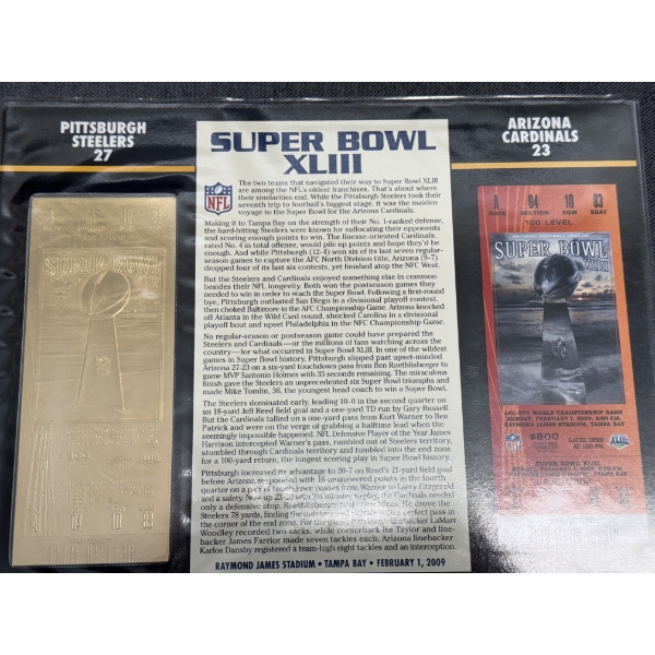 Authentic 2009 Super Bowl XLIII Football Ticket & 24K Gold Plated Ticket - Mint Condition
