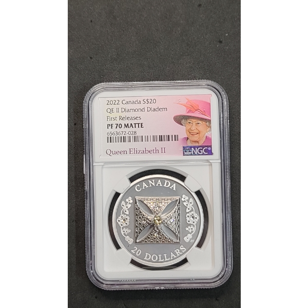 2022 NGC Canadian QE II Diamond Diadem First Releases PF 70 MATTE $20 1 oz 99.99% Pure Silver Coin 