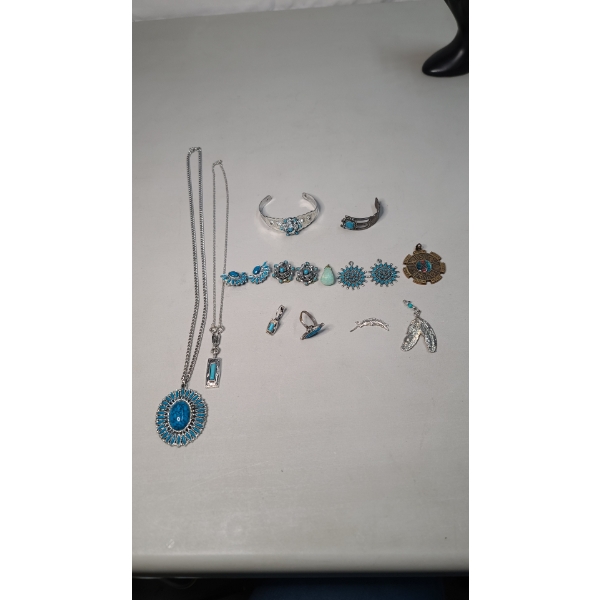 Assorted Costume Jewelry With Beautiful Blue Stones Including Necklace Pendants, Earrings & More