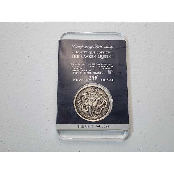 2016 Antique Edition The Kraken Queen 1 Troy oz .999 Fine Silver Round in Nice Display Slab