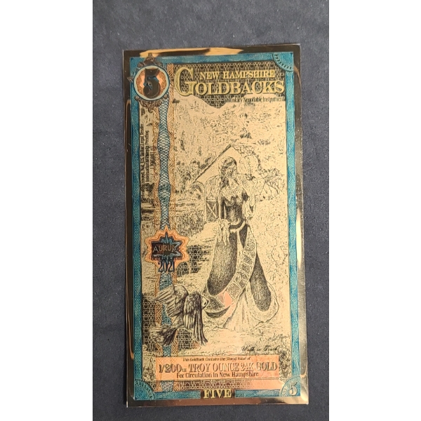 (1) 2021 1/200th Troy Ounce 24K Gold 5 Goldbacks Note - New Hampshire