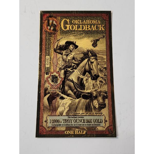 2025 1/2 Oklahoma 1/2000 Troy Ounce 24K Gold Goldback Note