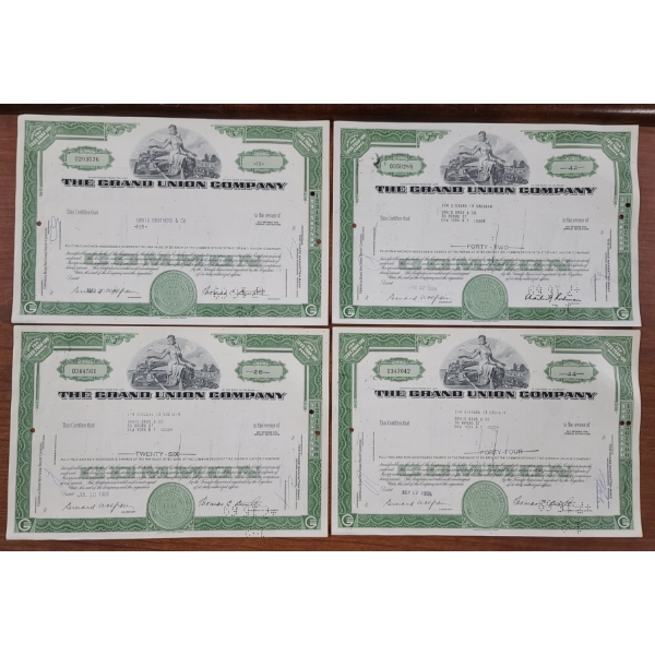 Lot of Four 1960's Grand Union Company Assorted Stock Certificates 