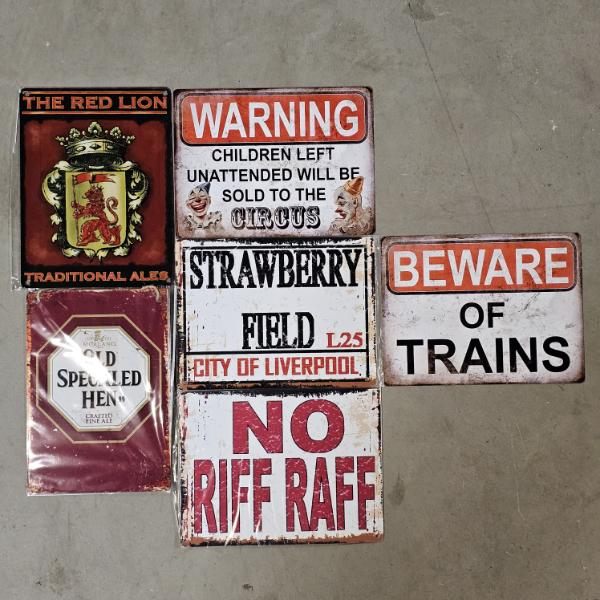 Vintage Metal Tin Signs, Wall Decor, Set Of 6, 8"x12"
