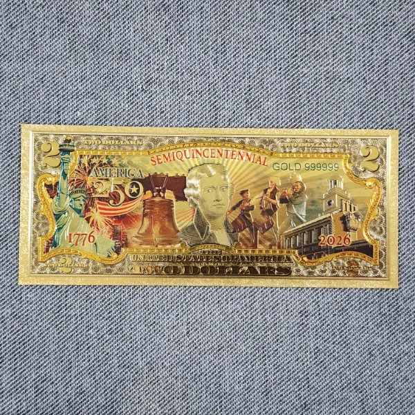 1776 ~ 2026 Semiquincentennial America 250th Anniversary 999999 $2 Gold Foil Note ~ Mint Condition!