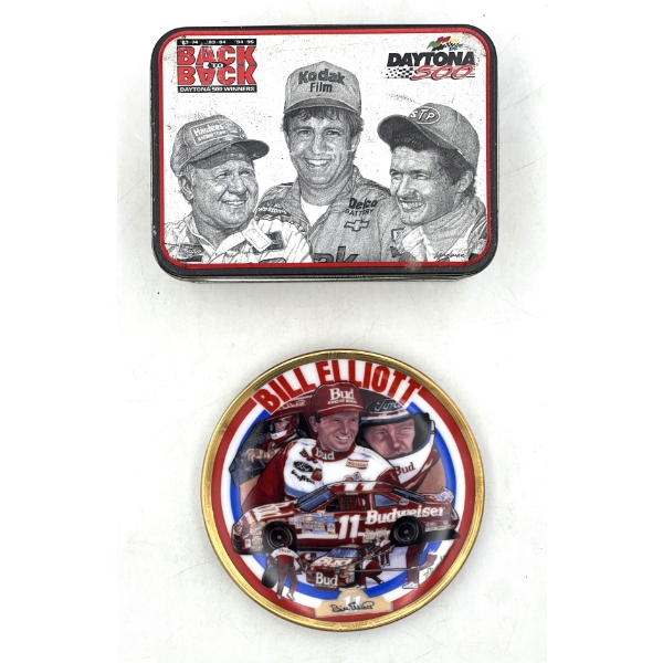 Bill Elliot Nascar Plate and Back to Back Daytona 500 Winners Tin (Empty)
