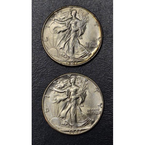2 Pcs - 1947 P / 1947 D /  Walking Liberty Half Dollars - High Grade - See Pics
