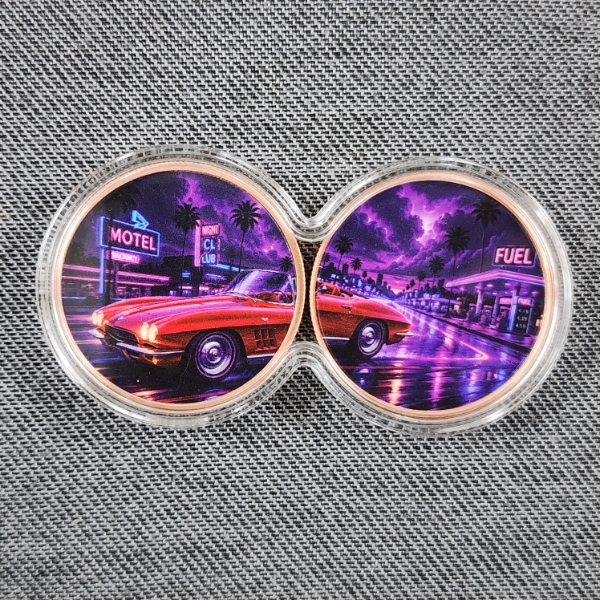 2 Coin Infinity Case W/ 2 Ounces of .999 Fine Copper Colorized FT. Glowing Hot Rod Design 