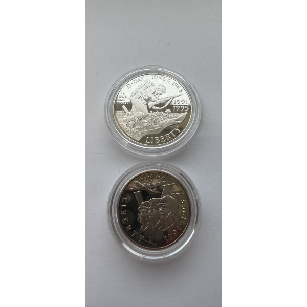 1991-1995 US 90% Silver Dollar With Commemorative Half Dollar- World War II 50th Anniversary Coins