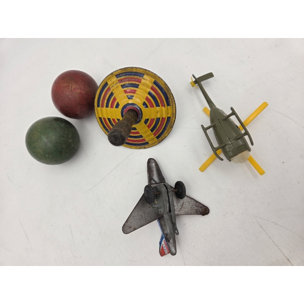 Vintage Toy Collection Featuring Tin Plane, Wood Balls, Wood & Tin Top And More!