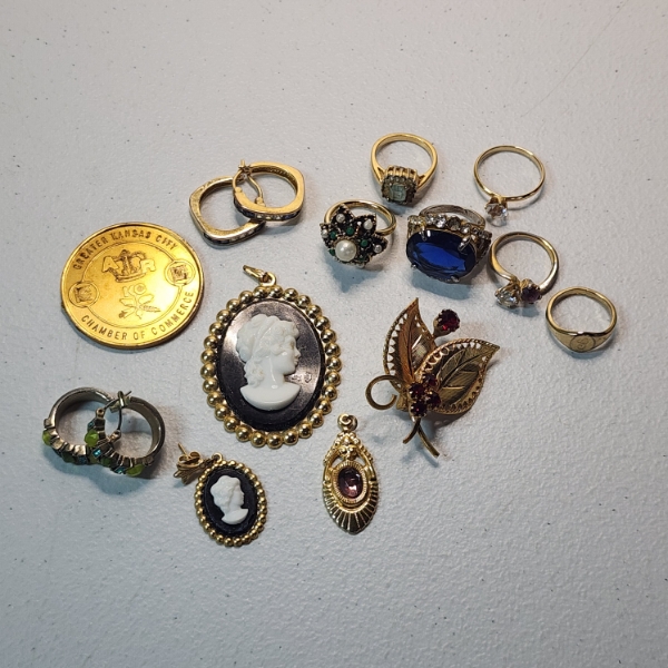 Lot of Assorted Gold-Tone Jewelry Items: Earrings, Rings, Pin - See Photos! 