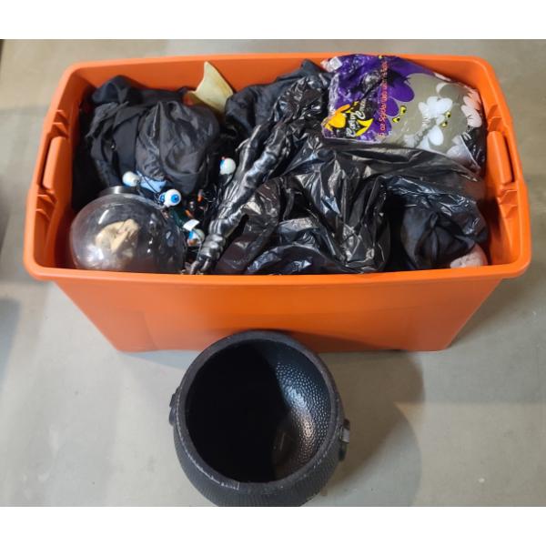 Large Tote Of Assorted Halloween Decor & Costumes 