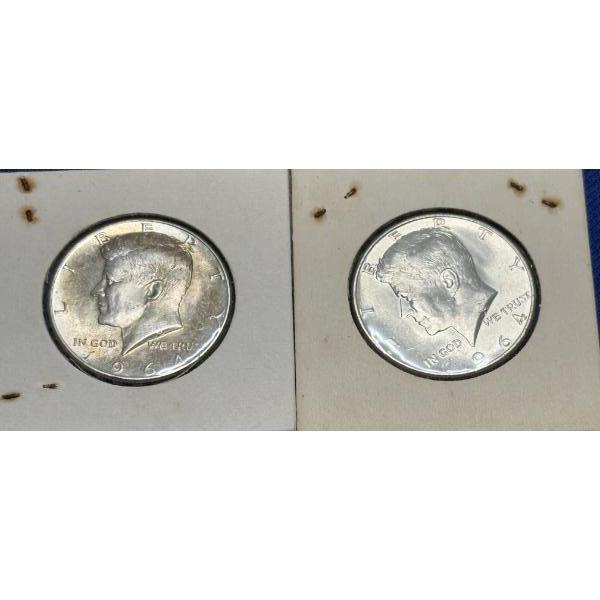 Lot of 2 90% Silver 1964 Kennedy Half-Dollars, FV $1.00