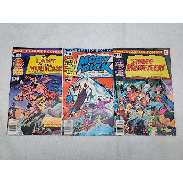Three Fifty Cent Marvel Classics Comics Including Moby Dick, 3 Musketeers & Last of the Mohicans!