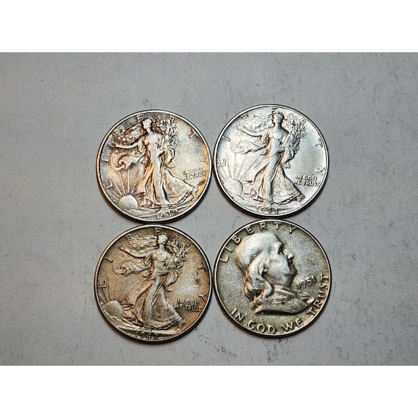 Lot of 4 90% Silver Half Dollars: 1939, 1942, 1944 Walking Liberty & 1951 Franklin