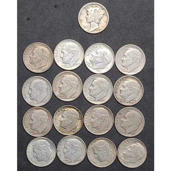 Assorted Years/Mint Marks 90% Silver Mercury/Roosevelt Dimes - Face Value: $1.70