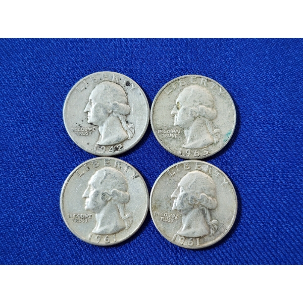 x4 Assorted Years U.S. 90% Silver Washington Quarters FV: $1.00