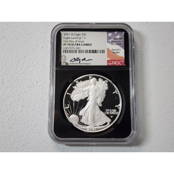 2021 W NGC Eagle Landing T-2 First Day Of Issue PF 70 Ultra Cameo 1 oz Silver American Eagle 