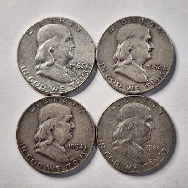 Four Assorted United States 90% Silver Franklin Half Dollars ~ $2.00 Face Value