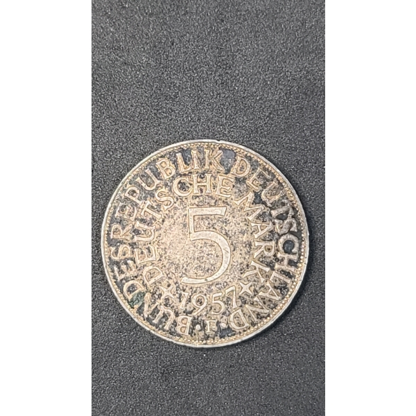 1957 Federal Republic Of Germany 5 Deutsche Mark 62.5% Silver Coin - ASW: 0.2251oz
