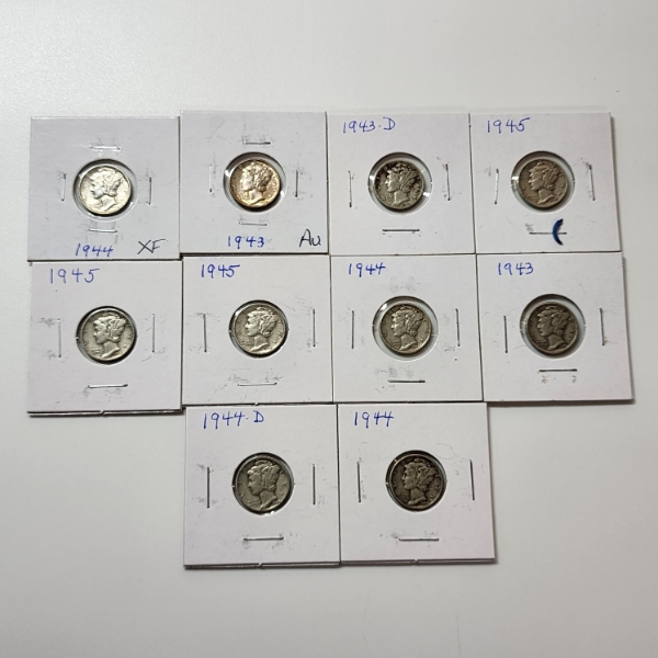 x10 Assorted Years United States 90% Silver Mercury Dimes - Face Value: $1.00