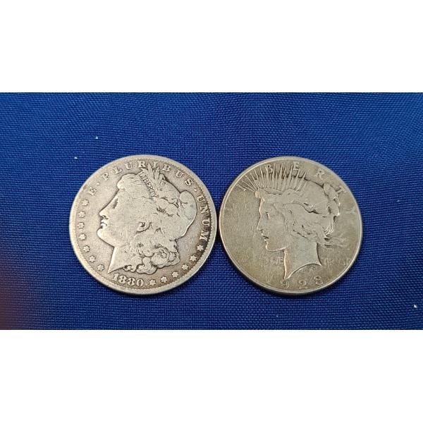 1880-S 90% Silver Morgan Dollar & 1923-S 90% Silver Peace Dollar