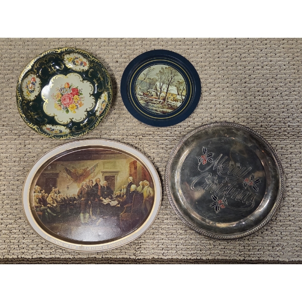 Four Collectors Trays, Including Silver Plated Christmas Tray