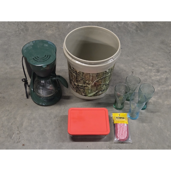 Field & Stream 12 Cup Coffee Maker, Pyrex Dish, Cast Iron Pot Holders, 4 Coke Glasses & 5 Gallon Buc