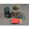 Image 1 : Field & Stream 12 Cup Coffee Maker, Pyrex Dish, Cast Iron Pot Holders, 4 Coke Glasses & 5 Gallon Buc