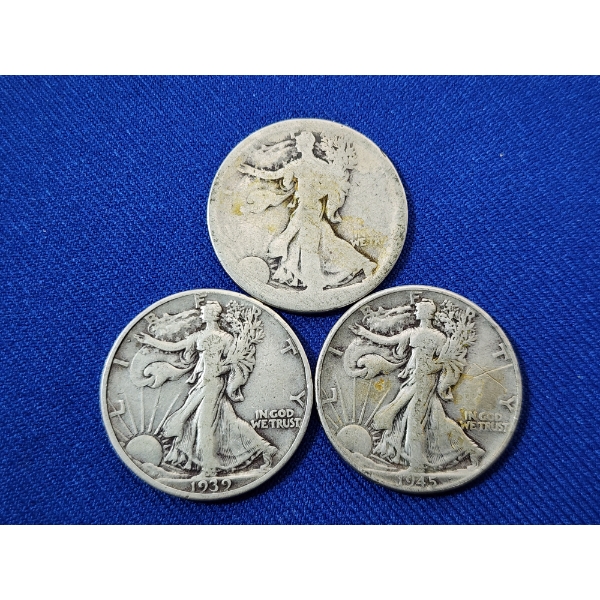 x3 United States 90% Silver Walking Liberty Half Dollars: 1939, 1945, (1) Unknown Year 