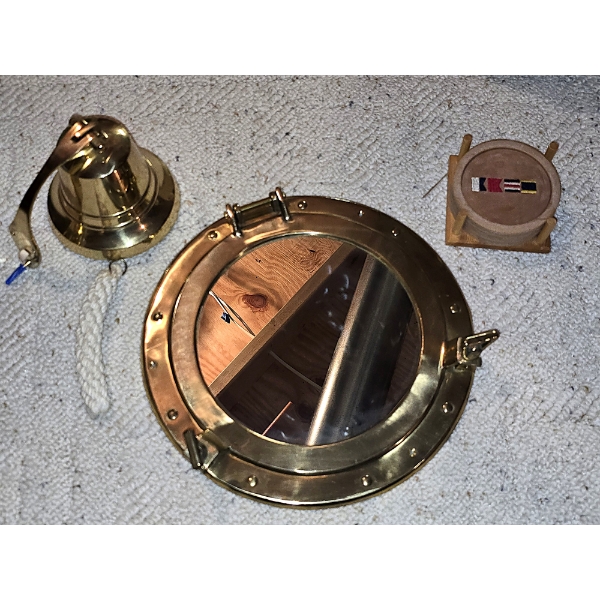 Ship Decor incl Port Hole Mirror, 5" Tall Brass Bell and Coasters