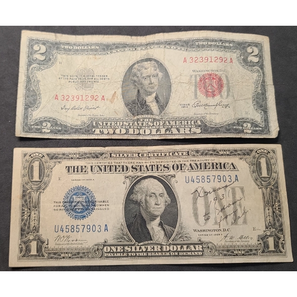Series 1928A $1 Silver Certificate & Series 1953 $2 Red Seal Bank Note - Face Value: $ 3.00 