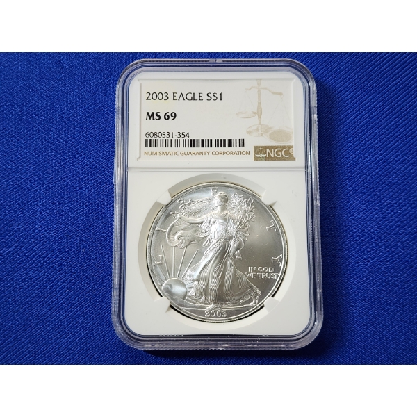 2003 $1 American Siver Eagle 1 oz Fine Silver Graded by NGC MS 69