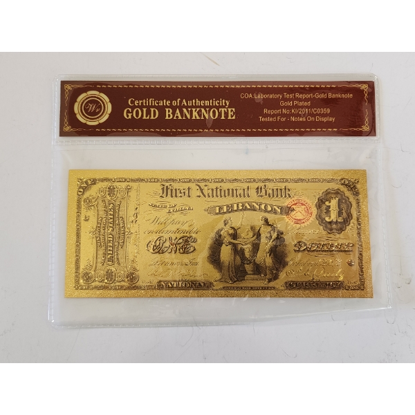 24K Gold Plated 1872 National Currency $1 U.S. First National Bank Lebanon Banknote 
