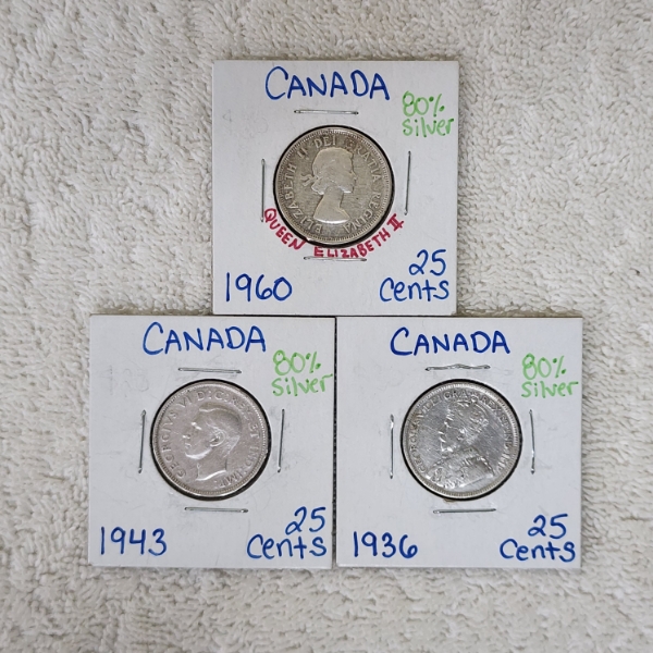 1936, 1943, & 1960 Canada 25 Cents Silver Coins 80% Silver ASW 0.1500 oz Each